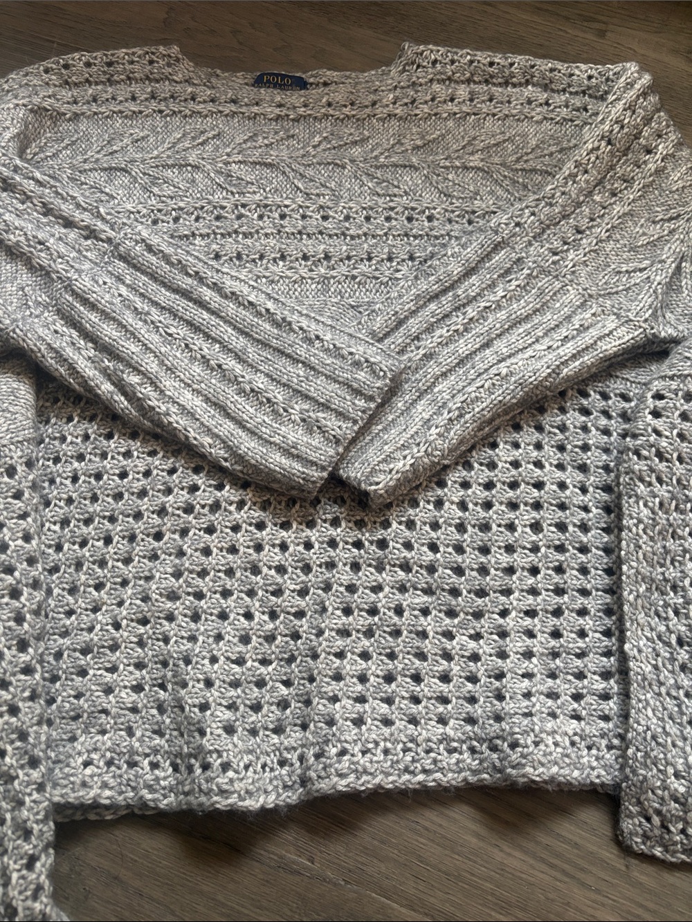 Polo Ralph Lauren | Grey Bohemian Open-Weave Cable Knit Sweater Poncho Size XL - Picture 2 of 14